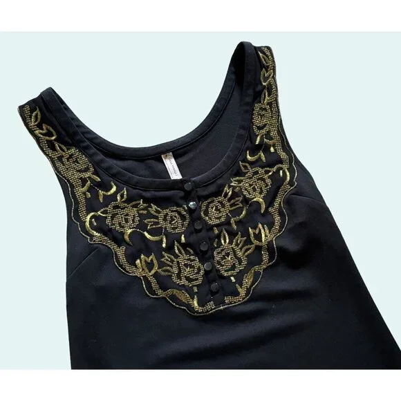FREE PEOPLE Form Fitting Black Tank Dress Gold Embellishment Detail Size S - Picture 2 of 6